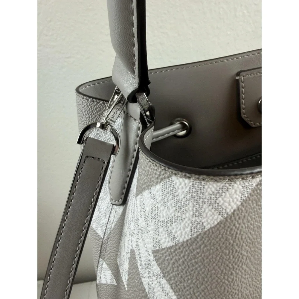 Michael Kors Suri Gray White Monogram Logo Print Convertible Bucket Backpack Bag